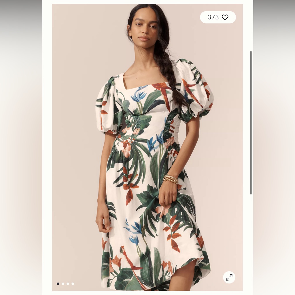 Farm Rio Midnight Macaw Fiesta Linen Puff Sleeve Midi Dress